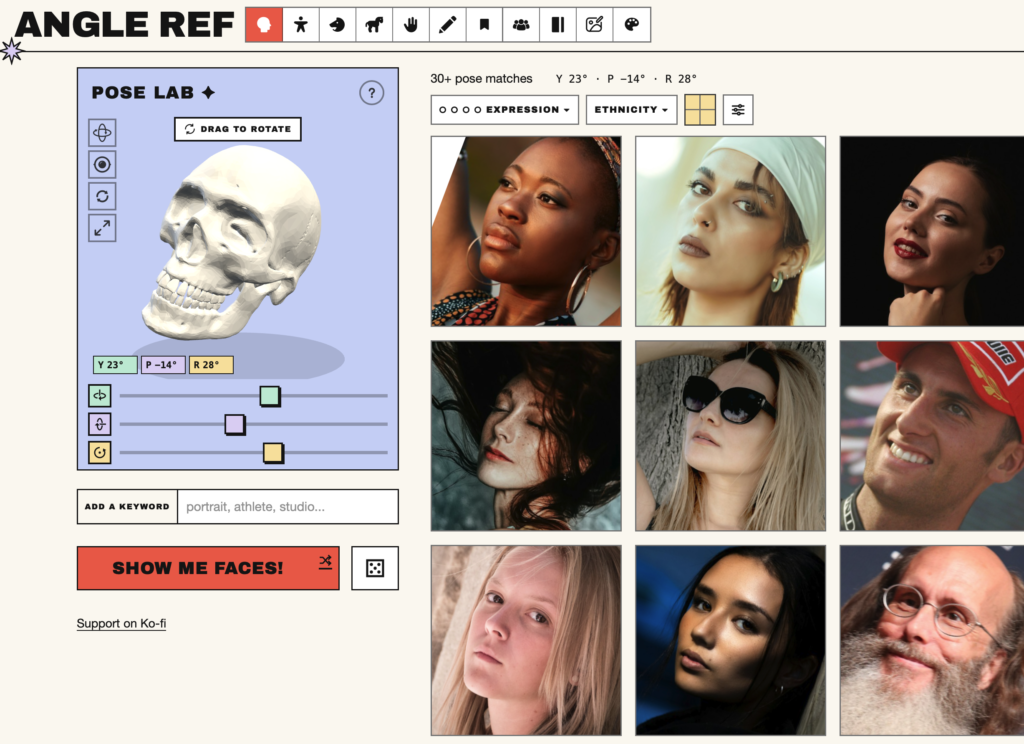 Screenshot from Angleref.com, showing their UI for designating a head angle on a 3D skull, and the resulting image search results.

